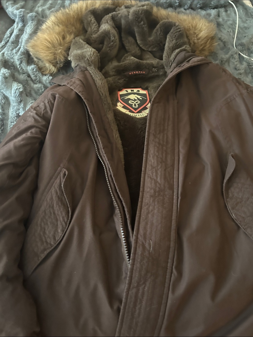 TNA Brown Faux-Fur Hooded Puffer Coat